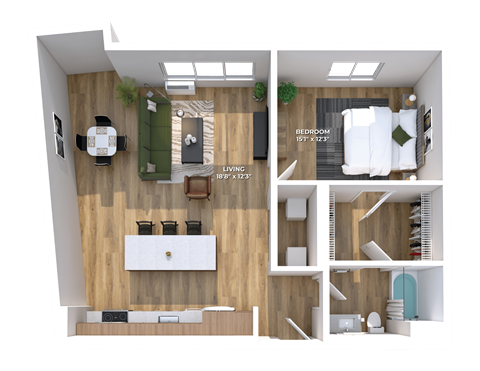 Floor plan for 1 bed, 1 bath, 885 sqft